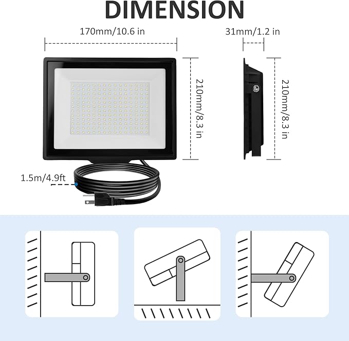 100W Flood Lights Outdoor,9000LM Bright Work Light Plug in,6500K Daylight White LED Flood Light Outdoor, IP66 Waterproof Exterior Floodlight for Yard Garage Stadium 2 Pack