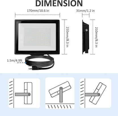 100W Flood Lights Outdoor,9000LM Bright Work Light Plug in,6500K Daylight White LED Flood Light Outdoor, IP66 Waterproof Exterior Floodlight for Yard Garage Stadium 2 Pack