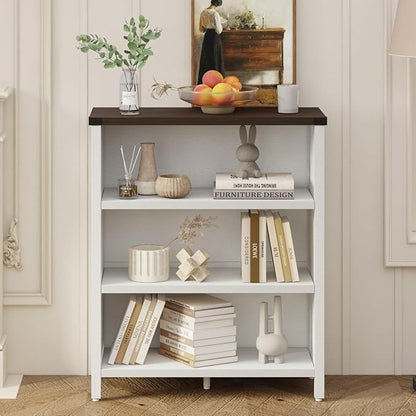 BON AUGURE Farmhouse Bookshelf, 3 Tier Bookcase, Wood Low Book Case, Short Storage Book Shelf for Home Office, Living Room, Small Space, Bedroom (White Oak and Walnut Brown)