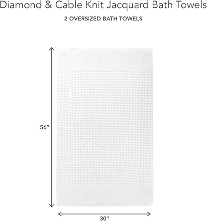 Texere 100% Organic Cotton Diamond Jacquard 700 GSM Luxury Bath Towel Sets - Ultra Soft and Absorbent Hotel and Spa Quality (Diamond, Bright White, 2 Bath Towels)