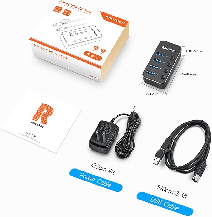 USB 3.0 Hub RSHTECH 4 Port Powered USB 3.0/USB C Hub Upgraded Version