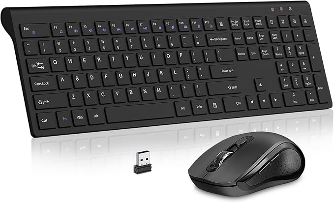 Keyboard and Mouse Wireless, Slim Full Size Keyboard with Calculator Button, Fn Lock, Silent Computer Mouse with Side Button, 2400 DPI, 2.4G USB Cordless Set for Laptop PC Windows Mac -Black