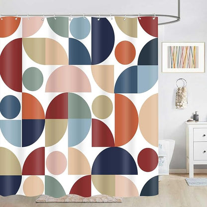 Mid Century Colorful Geometric Shower Curtain Vintage Rainbow Abstract Art Bathroom Curtain Decor 72x72 Inch Washable Fabric Retro Bright Boho Circle Patterned Bath Curtain with 12 Hooks