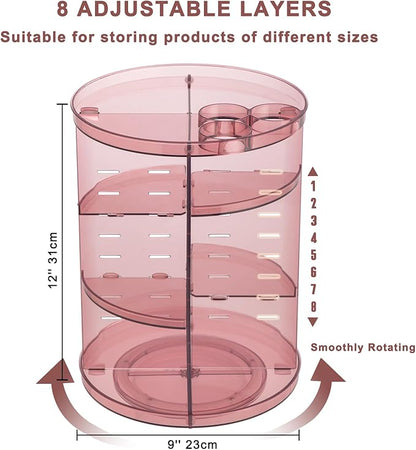 Rotating Makeup Organizer, DIY 8 Adjustable Layers 360 Spinning Skincare Organizers, Makeup Storage Carousel Tower with Brush Holder & Perfume Trays, Cosmetic Display Case for Vanity Bathroom