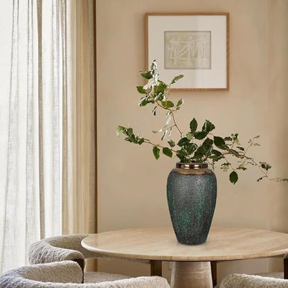 Ceramic Flower Vase, 12" Rustic Farmhouse Flower Vase with Wide Bronze Mouth, Vintage Tall Terracotta Vase for Home, Office, Living Room, Table, Shelf, Mantel Decoration