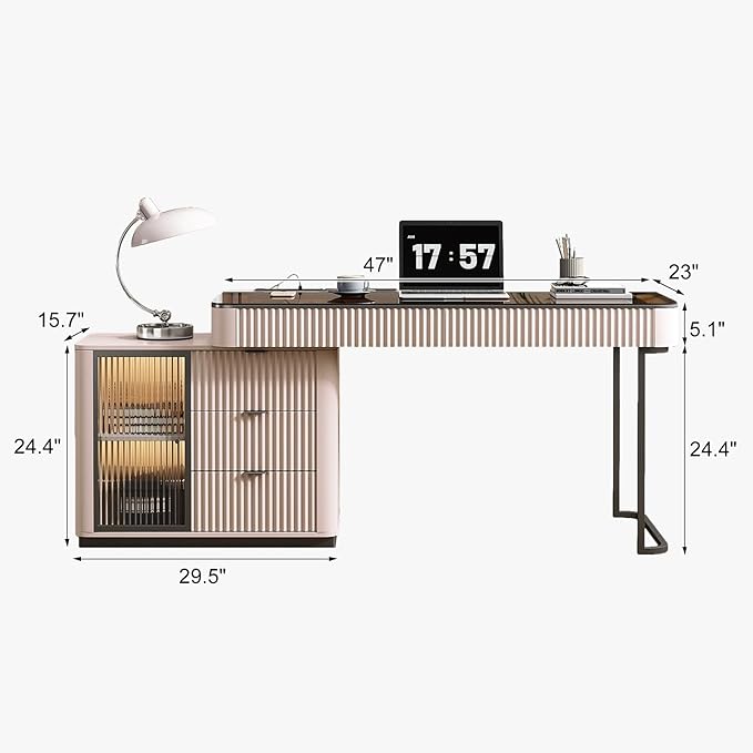 Lartis Office Desk, Very Easy to Assemble, Computer Desk, Home Telescopic Writing Desk, Modern Computer Desk with Retractable Cabinet Built-in LED Lights (Pale Pink, 47 in)