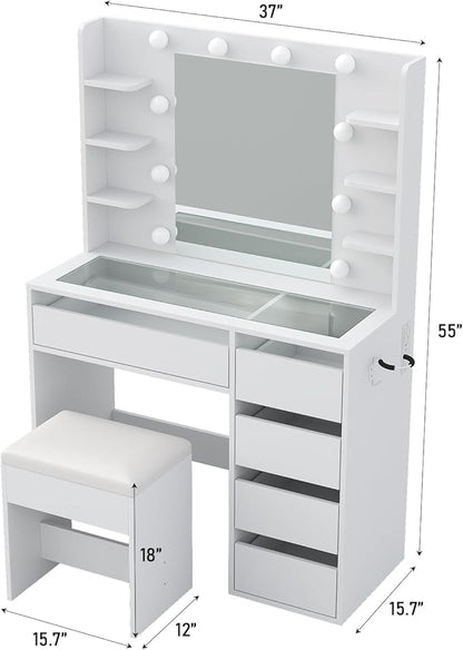 Vanity Desk with Mirror and Lights, 37" Makeup Vanity Desk with Lights 3 Colors, Glass Top Vanity with 5 RGB Drawers, 6 Shelves, Power Outlet, Chair, Dressing Table for Bedroom, White