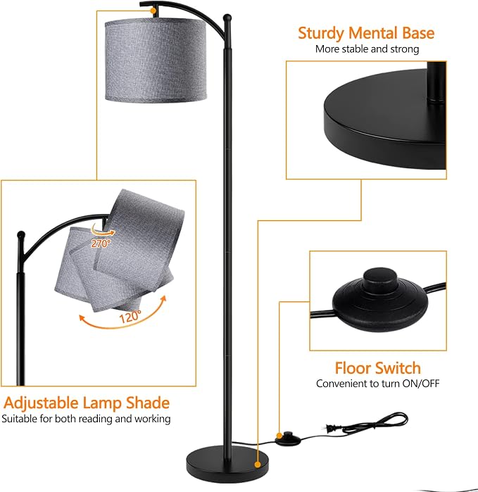 ROTTOGOON Floor Lamp with 3CCT LED Bulb, Gray Linen Lamp Shade for Living Room, Modern Standing Lamp for Bedrooms - Black