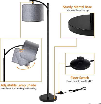 ROTTOGOON Floor Lamp with 3CCT LED Bulb, Gray Linen Lamp Shade for Living Room, Modern Standing Lamp for Bedrooms - Black