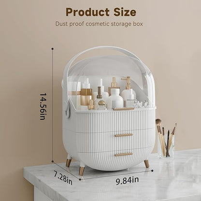 Makeup Organizers, Make Up Organizers for Vanity, Countertop Cosmetic Storage with Drawers and Transparent Cover for Bedroom Bathroom(White)