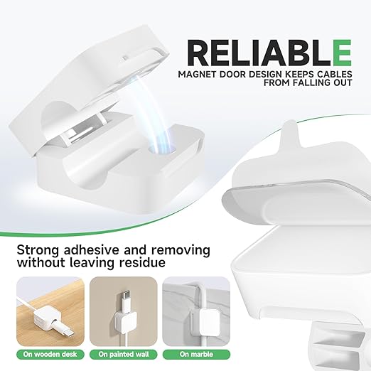 9 White Magnetic Cable Clips, Under Desk Cable Management, Cord Holder
