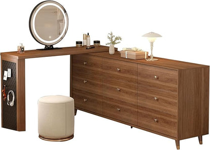 Makeup Vanity Desk Set with Full Aluminum HD Lighted Mirror and Stool, 70-110in Extendable Modern Vanity Table, 9-Drawer Solid Wood Frame Chest, Dressing Table for Bedroom, Brown