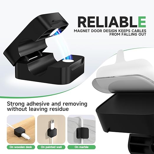 9 Black Magnetic Cable Clips, Under Desk Cable Management, Cord Holder