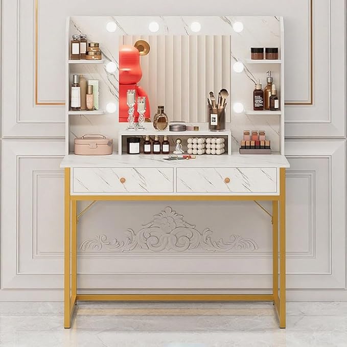 Vanity Desk with Mirror and Lights,Large Desktop Makeup Vanity Desk with 3 Color Modes Adjustable Bulb,2 Large Drawers for Bedroom/Hair Salon/Beauty Shop and Other Scenes White