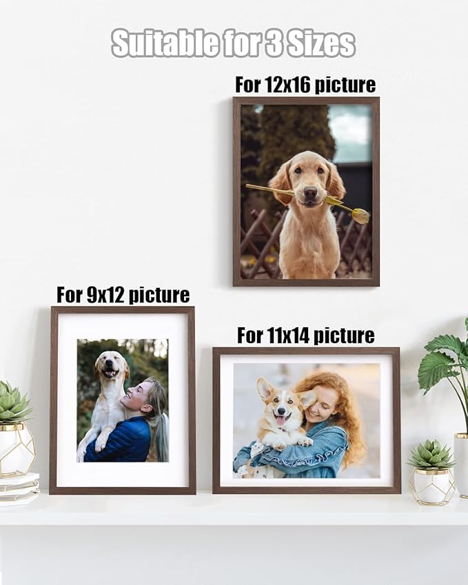 Egofine 12x16 Picture Frame Made of Solid Wood with Plexiglass, Display Pictures 9x12/11x14 with Mat or 12x16 Without Mat for Wall Mounting, Rustic Brown