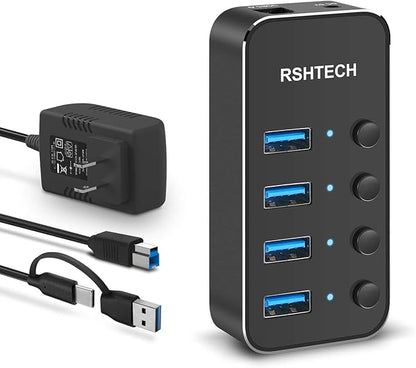 USB 3.0 Hub RSHTECH 4 Port Powered USB 3.0/USB C Hub Upgraded Version