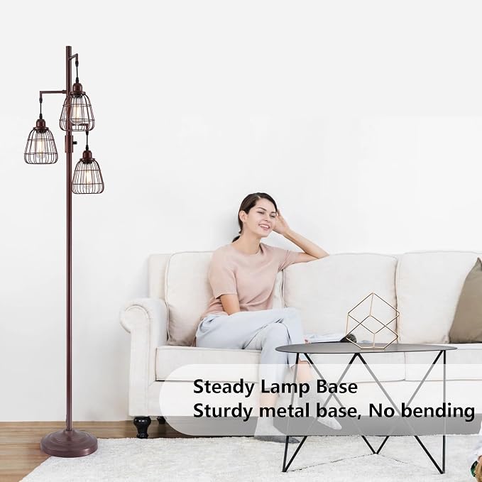 9MMML Dimmable Floor Lamp,Industrial Farmhouse Tall Standing Floor Lamp for Living Room, Bedroom Office,3 Teardrop Cage Lampshade,3 LED Bulbs Inculded. 68'' Tall