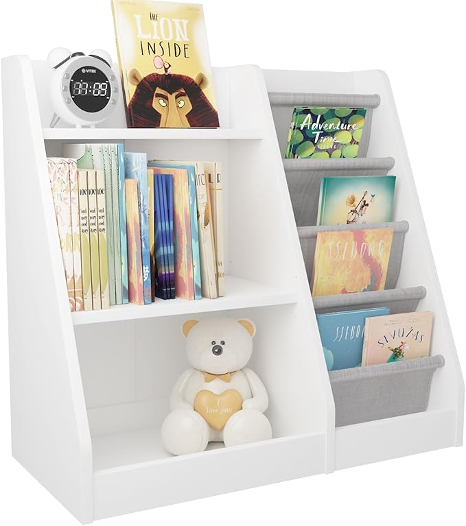 White Kids Bookshelf Wood Toy Storage Organizer Cabinet Children Bookcase Toddler Baby Sling Book Rack Adjustable Shelf for Playroom Bedroom Nursery Hallway School Kindergarten