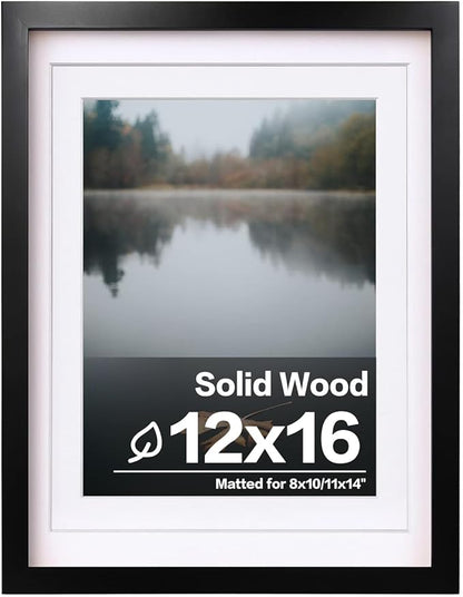 Egofine 12x16 Picture Frame Black Covered by Plexiglass Made of Solid Wood, Display Pictures 9x12 and 11x14 with Mat or 12x16 Without Mat for Wall Mounting Photo Frame