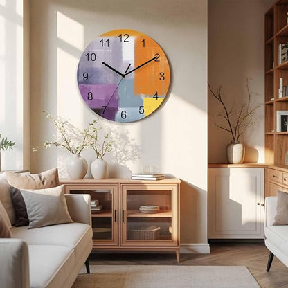 Abstract Painting Art Style Purple Orange Grey Yellow Wall Clock Battery Operated Non-Ticking 12" Round Wood Clocks, Kitchen Wall Clock for School Bathroom Living Room Home Office Wall Decor