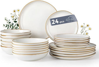 AmorArc Ceramic Dinnerware Sets,Handmade Reactive Glaze Stoneware Plates and Bowls Sets,Highly Scratch Resistant | Dishwasher & Microwave Safe Dishes Set,Service for 6 (24pc)(with Pasta bowls)