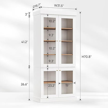 Vyre 70.8" Bookshelf with Glass Doors, Farmhouse Modular Bookcase with 6-Tier Adjustable Shelves, Large Storage Cabinet for Living Room & Home Office, White