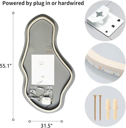 Modern Irregular LED Bathroom Mirror with Lights, Asymmetrical Frameless Smart Lighted Wall Mirror for Living Room Entryway, Large Decorative Makeup Vanity Mirror with Touch Switch(31.5″x55.1″)