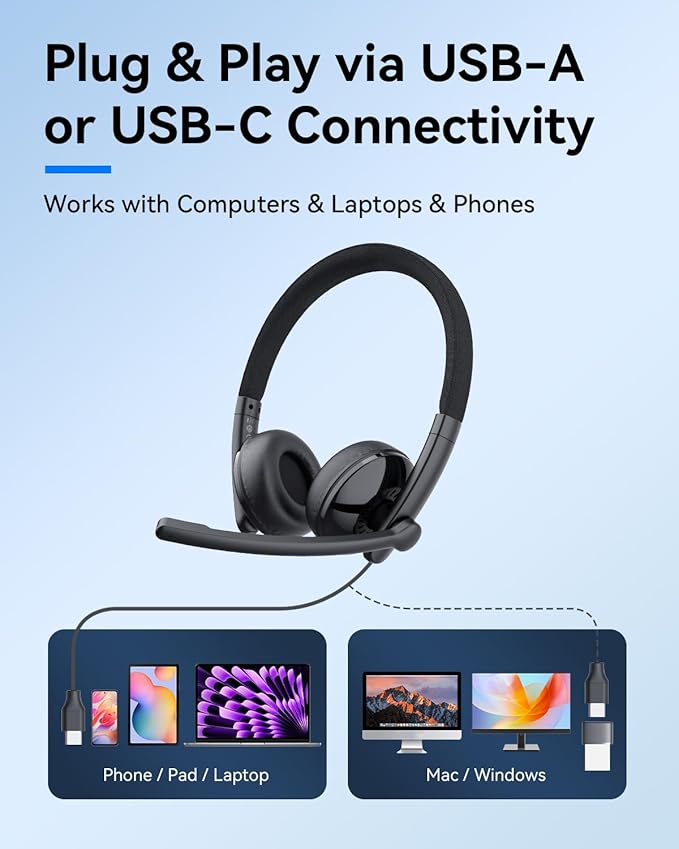 EMEET HS50 Wired Headset with Mic, On-Ear Computer Headphones with Noise