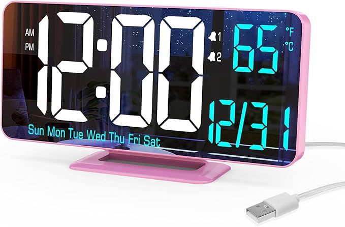 Pink Digital Clock for Bedroom 6.7in Dual Alarm Clock