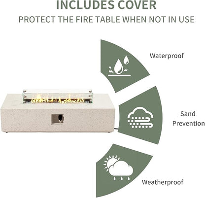 COSIEST Outdoor Propane Fire Pit Table, 56" x 28" Rectangle Terrazzo White Concrete-Like Finish, Certified, 50,000 BTU Stainless Steel Burner w Transparent Gray Fire Glass, Wind Guard, Raincover