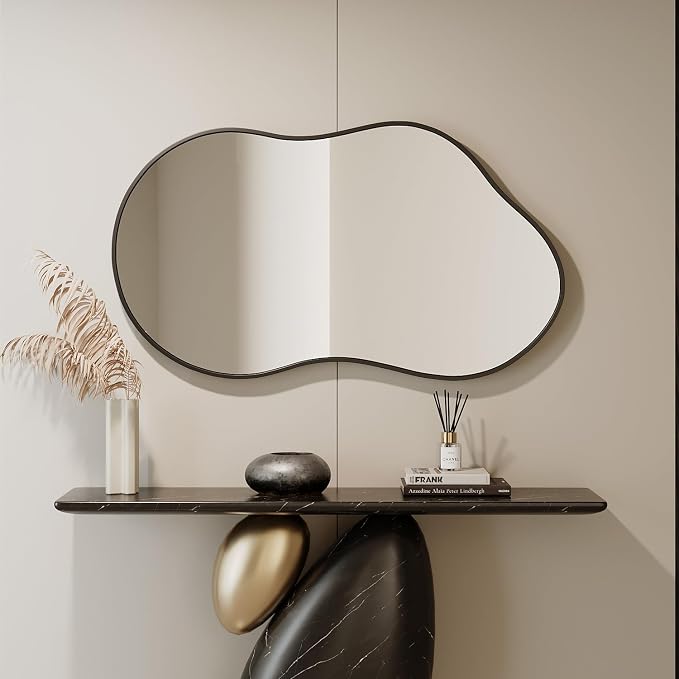 Irregular Wall Mirror - 26''×46'' Asymmetrical Decorative Tempered Glass Aluminum Alloy Framed Mirrors Cloud Mirror Wavy Mirrors for Bathroom, Bedroom, Living Room, Entryway（Black）