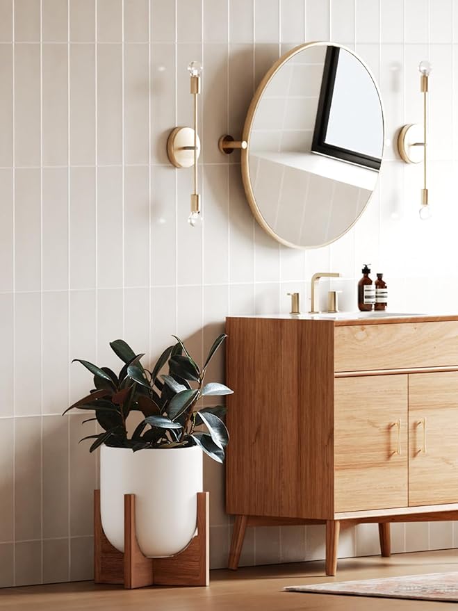 LE TAUCI 10 Inch Plant Pot with Acacia Wood Stand, Ceramic Planters for Indoor Plants, Unique Plant Pots Indoor for Home Decor, Mid-Century Modern Pots for Plants with Drainage Hole and Plug, White