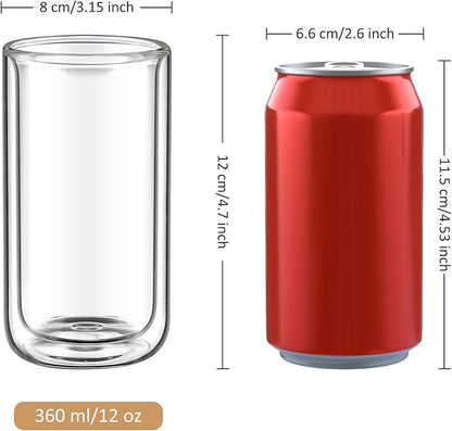 Joeyan Glass Double Walled Beer Drinking Glasses, Insulated Thermo Glass Tumbler Without Hole, Thickened Water Cocktail Highball Glass Cups, Smoothie Tea Coffee Glassware, 12oz, 2Pack, Dishwasher Safe