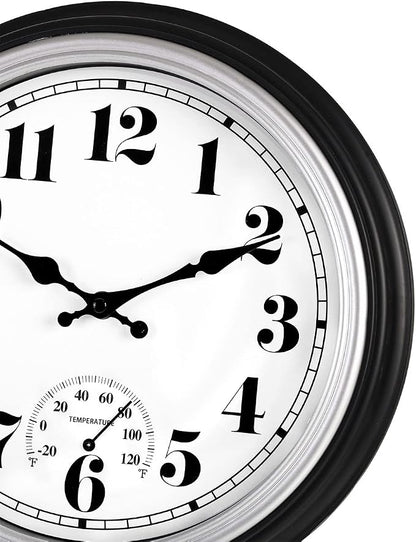 45MinST 12 Inch Indoor/Outdoor Retro Round Waterproof Wall Clock with Thermometer, Silent Non Ticking Battery Operated Quality Quartz Wall Clock Home/Patio Decor(Silver F)