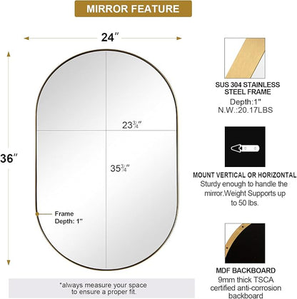 ANDY STAR Gold Oval Mirror, 24’’x36’’ Brass Mirror for Wall, Oval Mirrors for Bathroom in Stainless Steel Metal 1’’ Thin Frame Pill Shaped Hangs Vertical or Horizontal Ideal for Limited Space