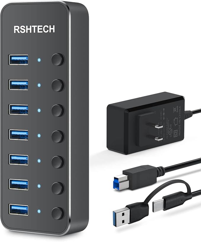 Powered UBS Hub, RSHTECH 7 Port USB 3.0/USB C Hub Upgraded Version Aluminum USB