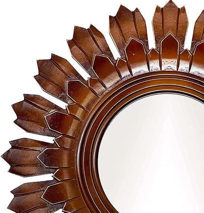 Wooden Wall Mirror, Rustic Wood Frame Mirror for Bathroom, Farmhouse, Bedroom, Entryway and Living Room, Modern Hanging Decorative Wall Mirror (Brown in Sunburst Shape)