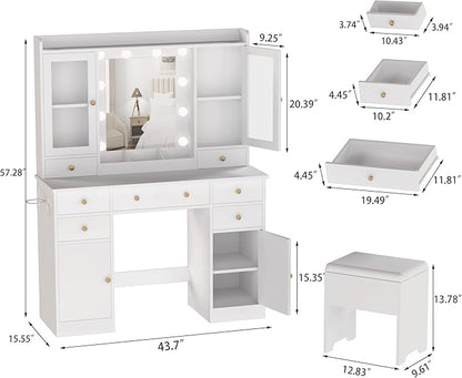 Vanity Desk with Mirror and Lights, White Vanity Mirror with Lights Desk and Chair & Charging Station, Makeup Vanity Desk with Lights for Women Bedroom 3 Color Modes Adjustable