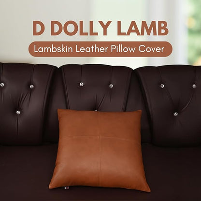 D DOLLY LAMB Lambskin Leather Pillow Cover - Sofa Cushion Case - Decorative Throw Covers for Living Room & Bedroom, 22x22 Inches - Camel Antique Plain