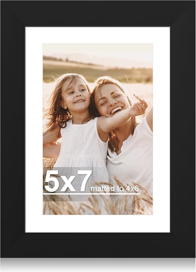 5x7 Picture Frame with Glass, Display Pictures 4x6 with Mat or 5 x 7 without Mat - Wall and Tabletop, 5 by 7 Photo Wooden Frames (Black, 1 Pack)