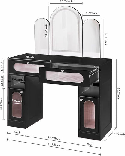Vanity Desk with Arched Tri-Fold Mirror, Dimmable Vanity Table, LED RGB Makeup Vanity with 2 Drawers, 2 Open Storage Area & 2 Cabinets, Gifts for Girls/Women, Dressing Table (Black)