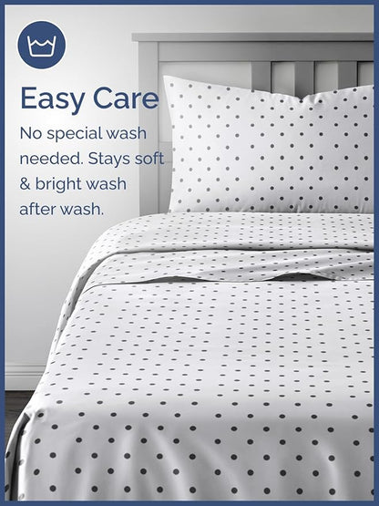 Kids Black Polka Dots Full 4 Piece Sheet Set - Boys, Girls, Teens, Toddler - Easy Fit Deep Pockets - Breathable, Hotel Quality Sheets - Machine Washable - Wrinkle Free - Cute, Cozy, Soft - CGK Linens