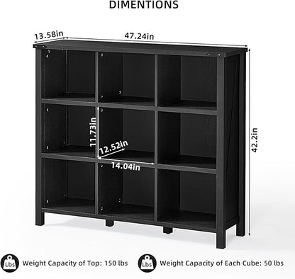 9 Cube Bookcase, Farmhouse 47 Inch Wide Black Bookshelf, Wooden 3 Tier Display Large Open Book Shelf, Vintage Horizontal Book Case for Home Office, Cubby Storage Cabinet for Living Room