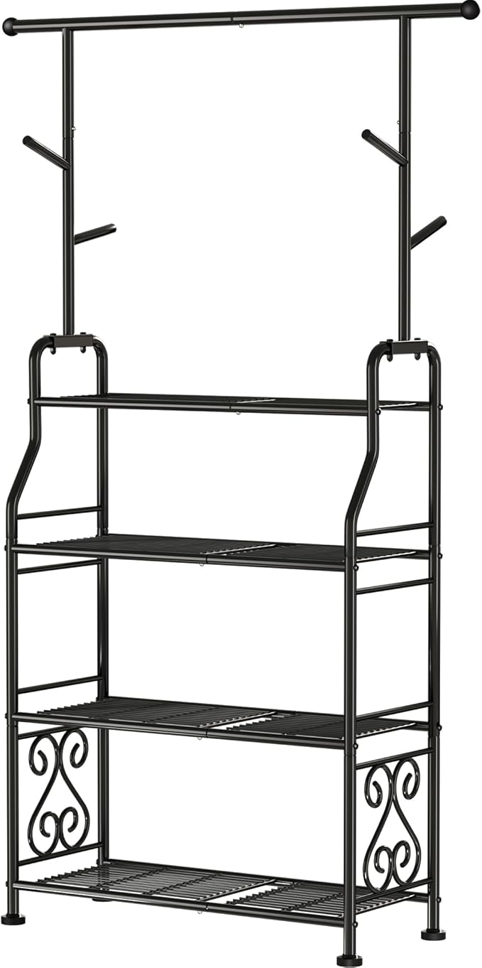 GIOTORENT Plant Stand Indoor Outdoor, 4-Tier Heavy Duty Metal Shelves, Display up to 17 Multiple Plants, Tall Plant Holder with Plant Hanger, Suit for Patio Living Room Garden Balcony, 5 Hooks, Black
