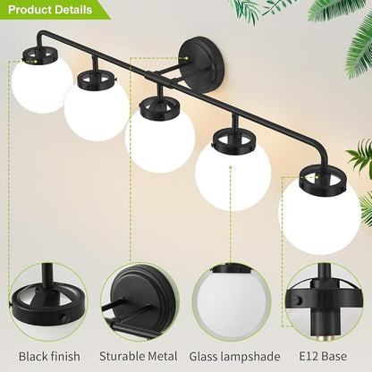 Bathroom Light Fixtures Over Mirror, 5-Light Matte Black Vanity Lighting with Milk White Glass Globe Shades Modern Wall Sconce