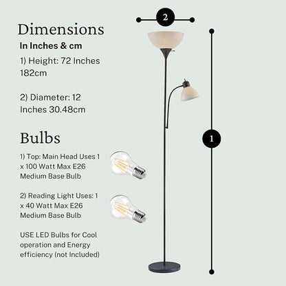 Adjustable Black Floor Lamp with Reading Light, Tall Lamp for Living Room, Bedroom, Office, Susan 72" Standing Lamps for Living Room, Corner Light, Stand Lamp, Floor Lamps for Living Room Modern