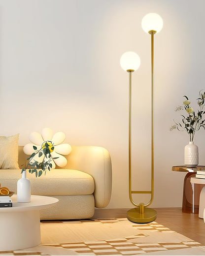 63IN Dimmable Floor Lamp with Shelf, Unique Globe Gold Tall Standing Lamps with 2 Bulbs, 3000K Warmwhite Mid Century Modern Floor Lamp with 5Lbs Heavy Base for Living Room/Bedroom