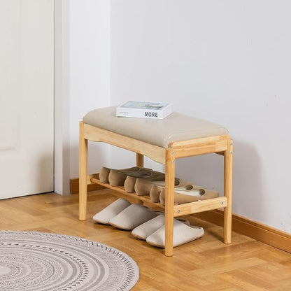 latifolia Small Shoe Bench, Solid Wood Bench with Cushion, 2 Tier Shoe Storage Organizer for Entryway(Nature,23.62''L)