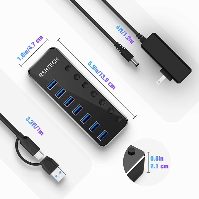 Powered UBS Hub, RSHTECH 7 Port USB 3.0/USB C Hub Upgraded Version Aluminum USB