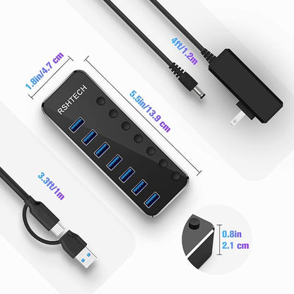 Powered UBS Hub, RSHTECH 7 Port USB 3.0/USB C Hub Upgraded Version Aluminum USB